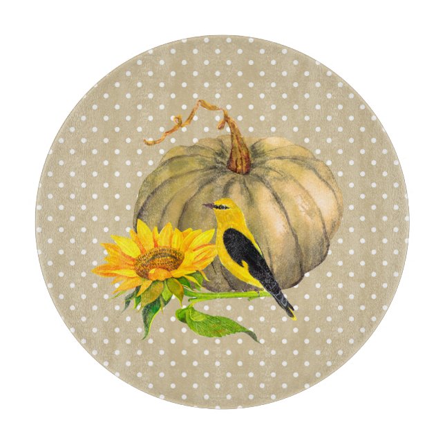 Autumn Pumpkin Sunflower and Finch  Cutting Board (Front)