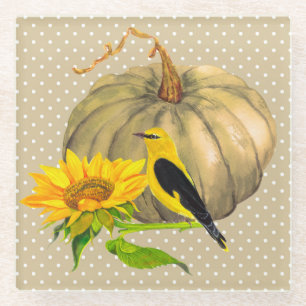 Autumn Pumpkin Sunflower and Finch  Glass Coaster