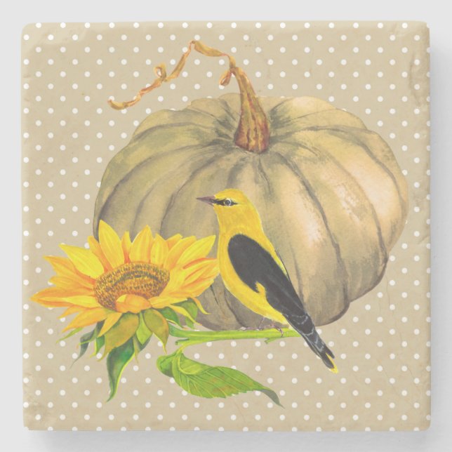 Autumn Pumpkin Sunflower and Finch Stone Coaster (Front)