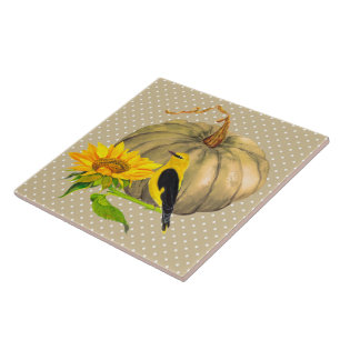 Autumn Pumpkin Sunflower and Finch Tile