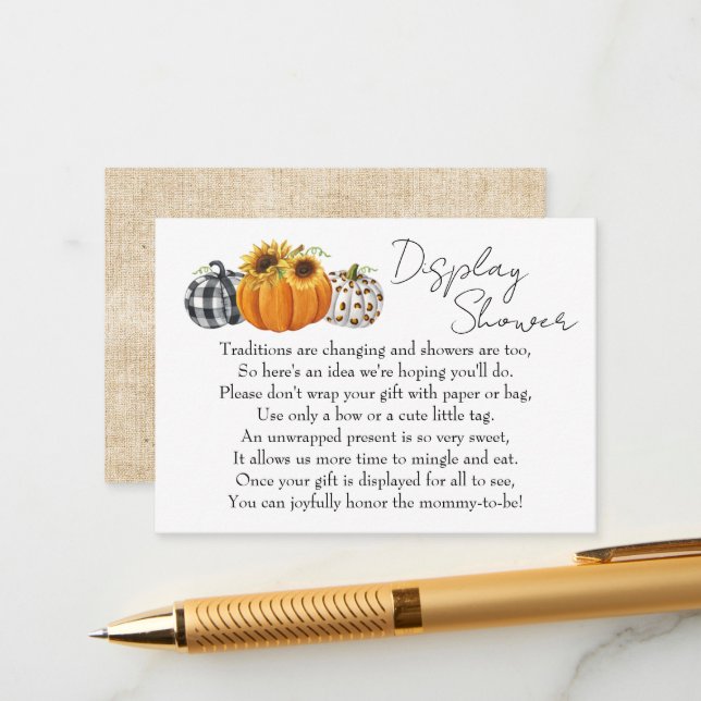 Autumn Pumpkin Sunflower Baby Display Shower Enclosure Card (Front/Back In Situ)