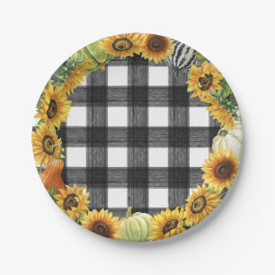 Autumn Pumpkin & Sunflower Buffalo Plaid Paper Plate