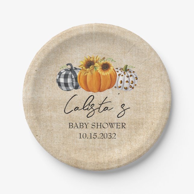 Autumn Pumpkin Sunflower Burlap Baby Shower Paper Plate (Front)