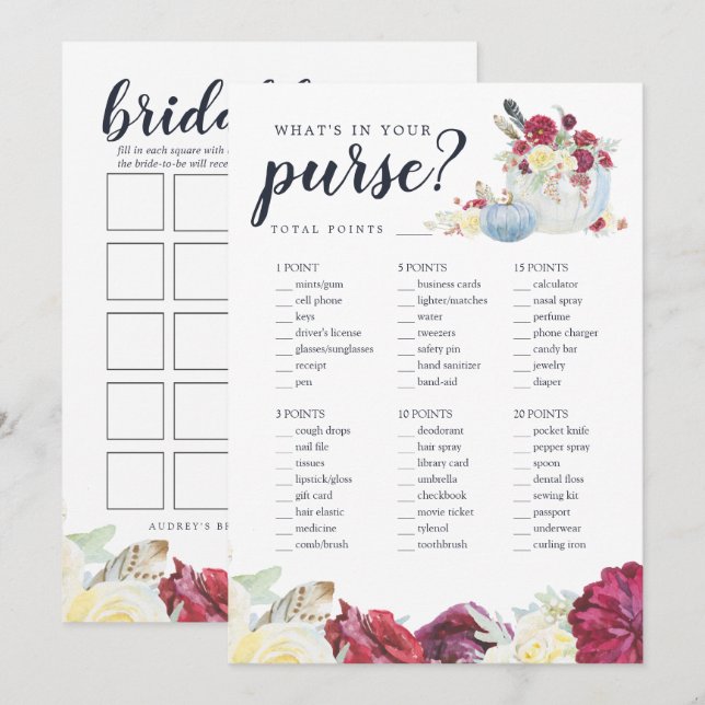 Autumn Pumpkin Two-Sided Bridal Shower Game Card (Front/Back)