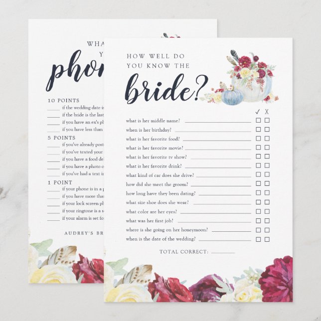 Autumn Pumpkin Two-Sided Bridal Shower Game Card (Front/Back)