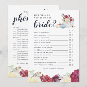 Autumn Pumpkin Two-Sided Bridal Shower Game Card