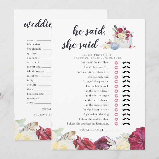Autumn Pumpkin Two-Sided Bridal Shower Game Card (Front/Back)