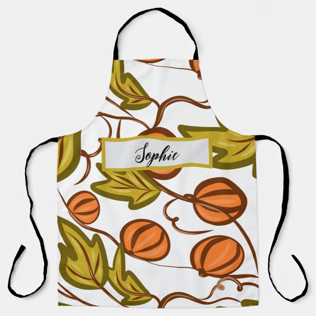 Autumn Pumpkin Vines Personalized Name Apron (Front)