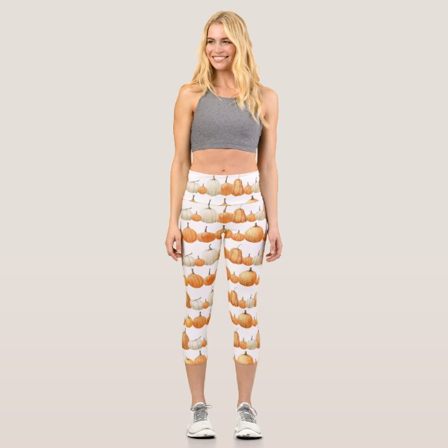 Autumn Pumpkin: Watercolor Illustration Pattern Capri Leggings (Front)