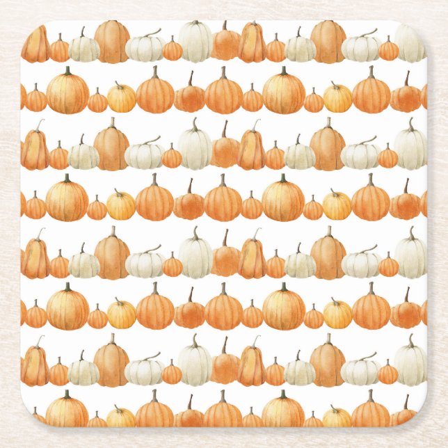 Autumn Pumpkin: Watercolor Illustration Pattern Square Paper Coaster (Front)