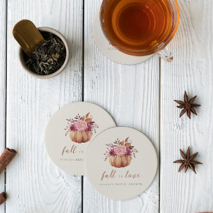 Autumn Pumpkin & Wildflowers Fall Bridal Shower Round Paper Coaster