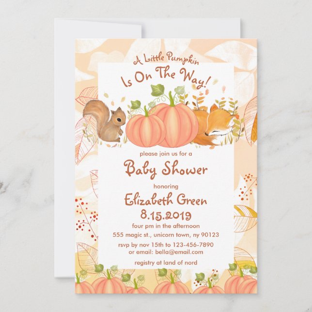 Autumn Pumpkin Woodland Baby Shower Invitations (Front)