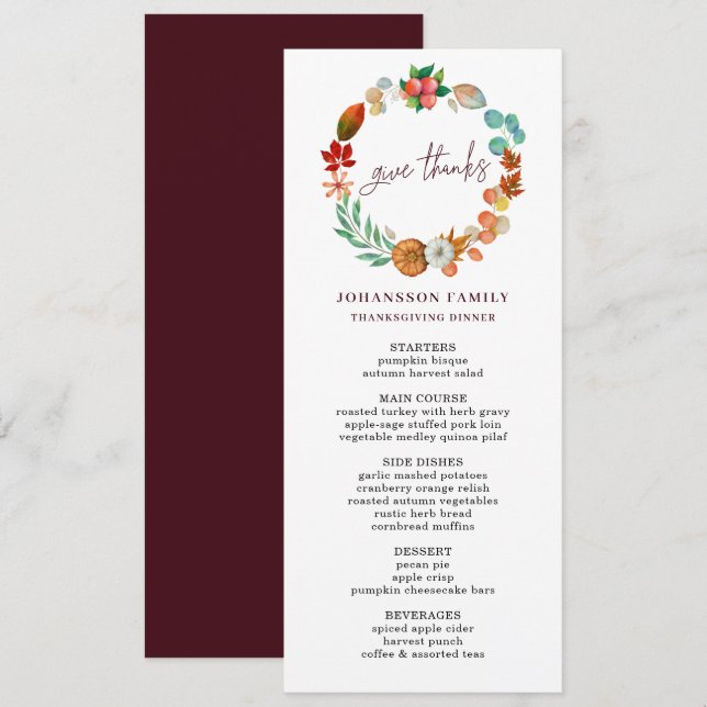 AUTUMN PUMPKIN WREATH THANKSGIVING DINNER MENU (Front/Back)