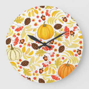Autumn pumpkins, acorns, vintage background. large clock