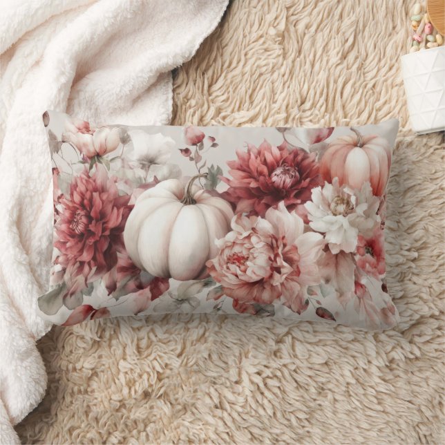 Autumn Pumpkins and Flowers Fall Pattern  Lumbar Pillow (Blanket)