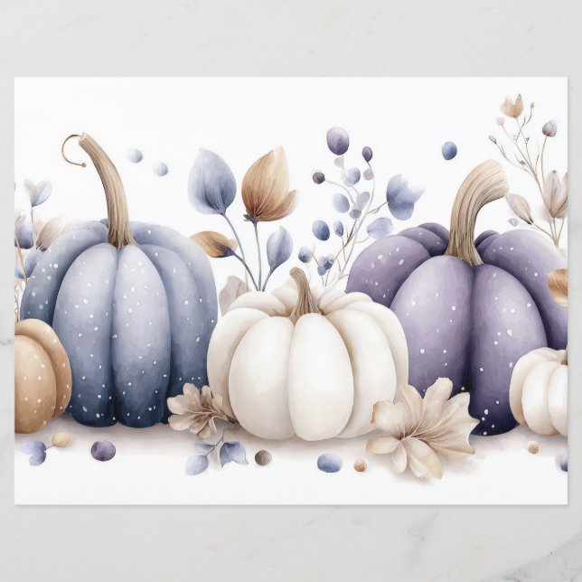 Autumn Pumpkins and Flowers Fall Scapbook Paper (Front)