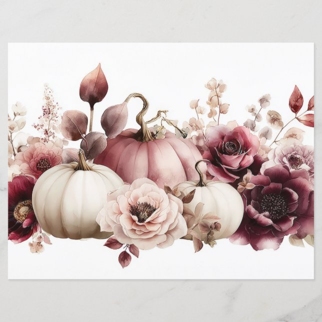 Autumn Pumpkins and Flowers Fall Scapbook Paper (Front)