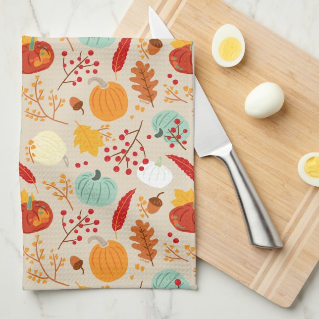 Autumn Pumpkins and Leaves Pattern Kitchen Towel (Quarter Fold)