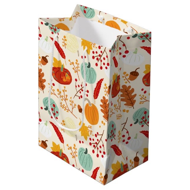 Autumn Pumpkins and Leaves Pattern Medium Gift Bag (Front Angled)