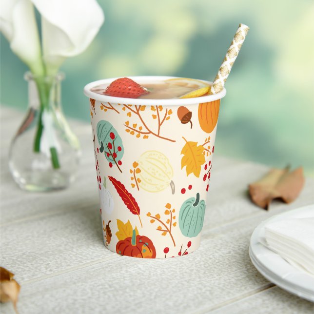 Autumn Pumpkins and Leaves Pattern Paper Cups (Insitu)
