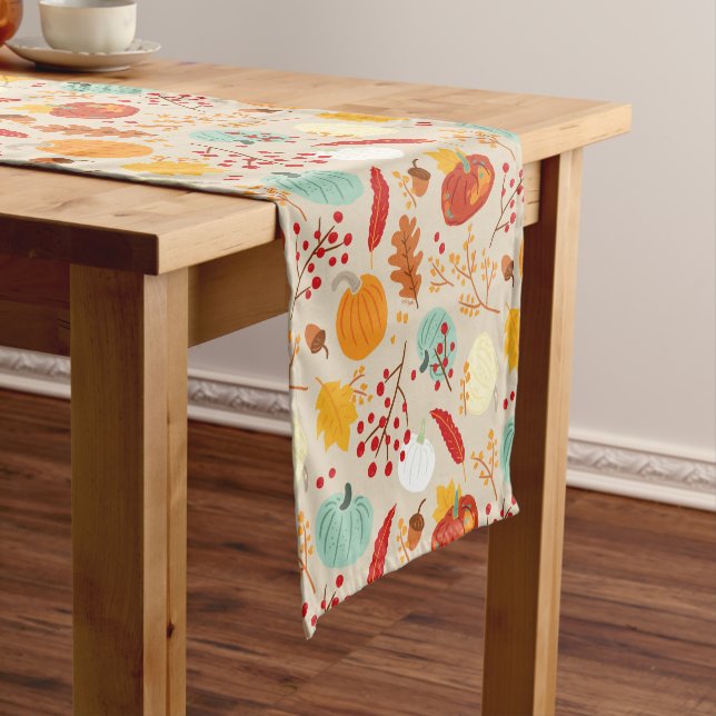 Autumn Pumpkins and Leaves Pattern Short Table Runner (In Situ)