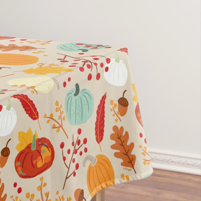 Autumn Pumpkins and Leaves Pattern Tablecloth (In Situ)