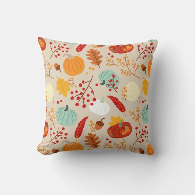 Autumn Pumpkins and Leaves Pattern Throw Pillow (Front)