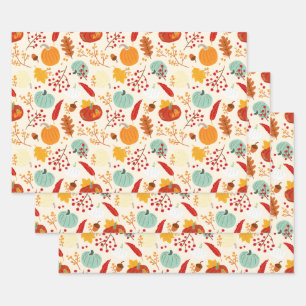 Autumn Pumpkins and Leaves Pattern Wrapping Paper Sheet
