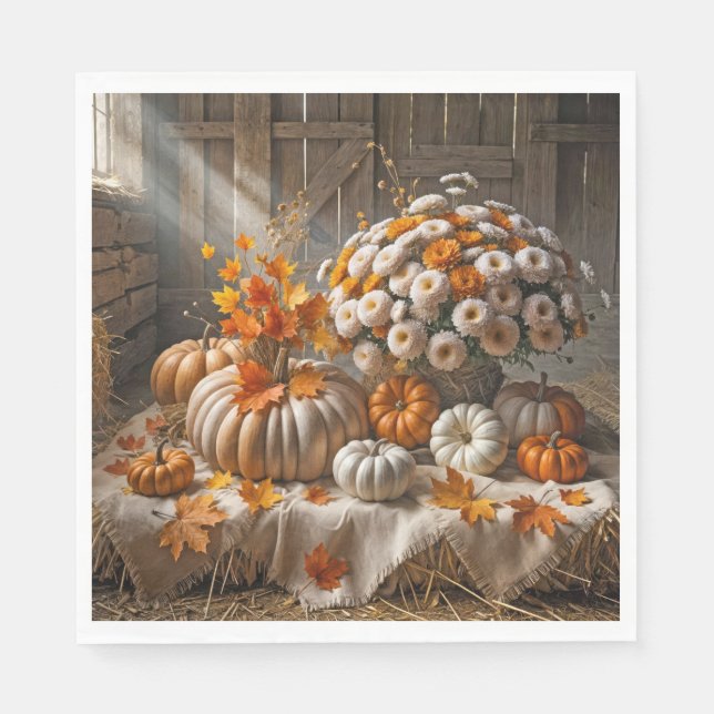 Autumn Pumpkins and Mums In a Barn Napkin (Front)