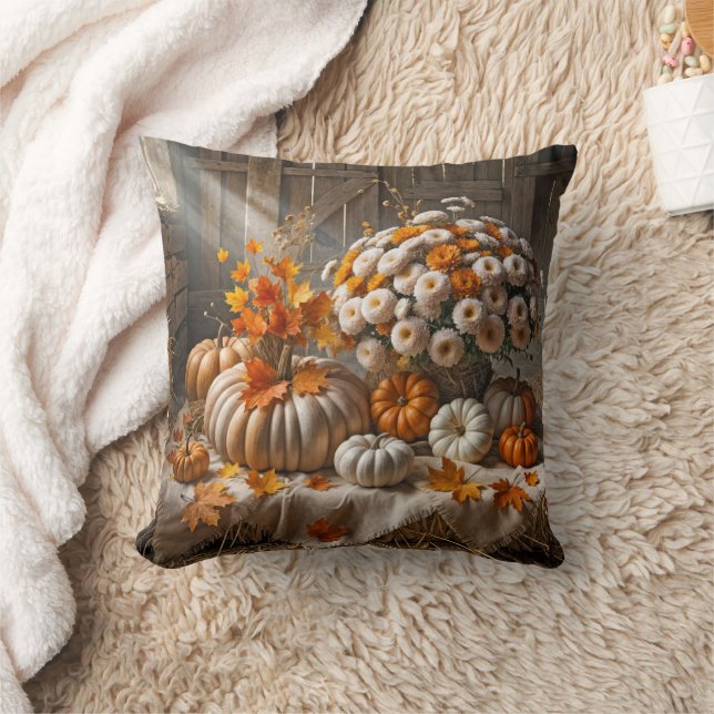 Autumn Pumpkins and Mums In a Barn Throw Pillow (Blanket)