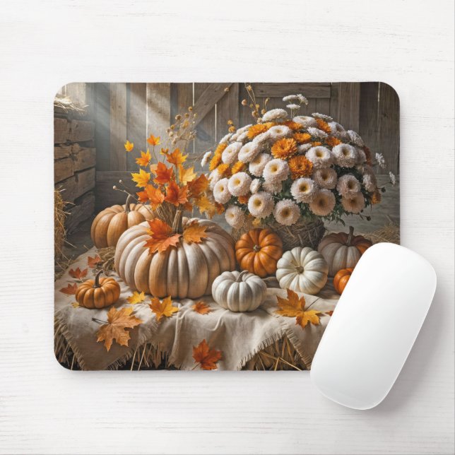 Autumn Pumpkins and Mums On Hay Bale Mouse Pad (With Mouse)