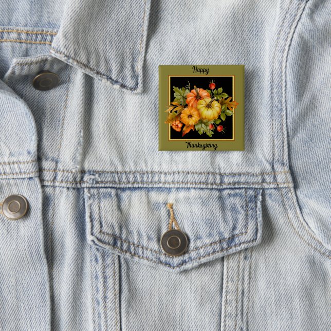 Autumn pumpkins and oak leaves  2 inch square button (In Situ)