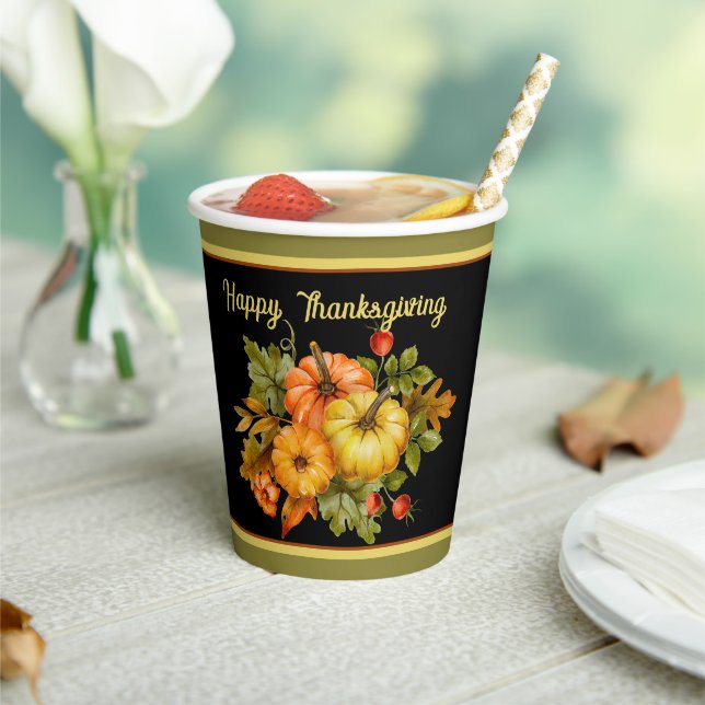 Autumn pumpkins and oak leaves  paper cups (Insitu)