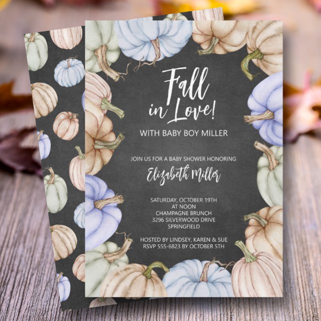 Autumn Pumpkins Baby Shower Invitation (Blue pumpkins boy baby shower invitations, INSTANT DOWNLOAD and/or PRINTED)