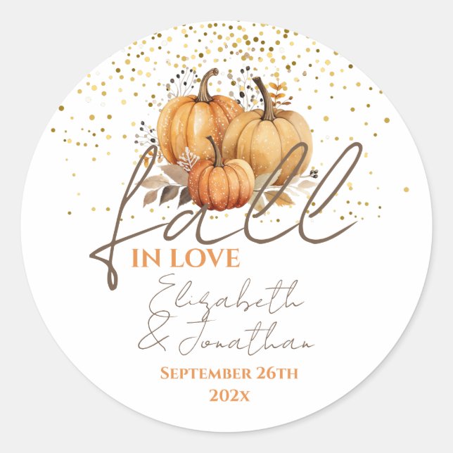 Autumn Pumpkins Fall In Love Wedding Classic Round Sticker (Front)