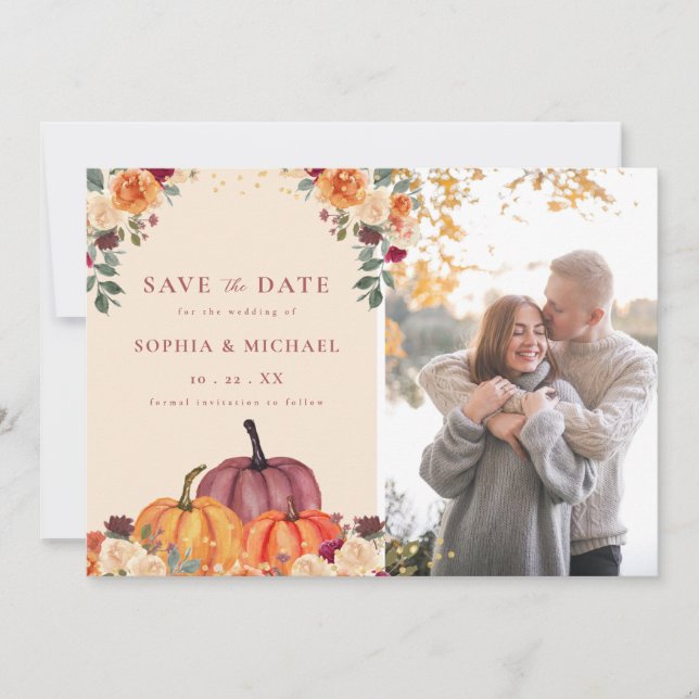 Autumn Pumpkins Fall Photo Save the Date Invitation (Front)
