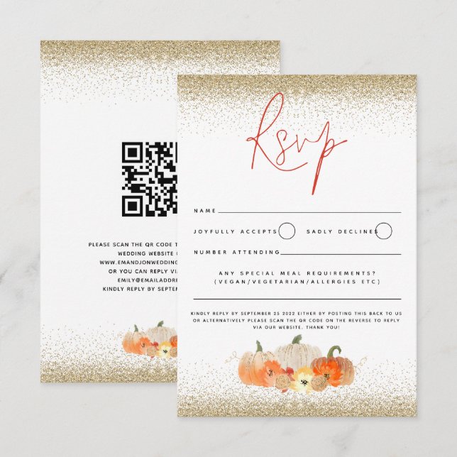 Autumn Pumpkins Floral Glitter Fall Script QR Code RSVP Card (Front/Back)