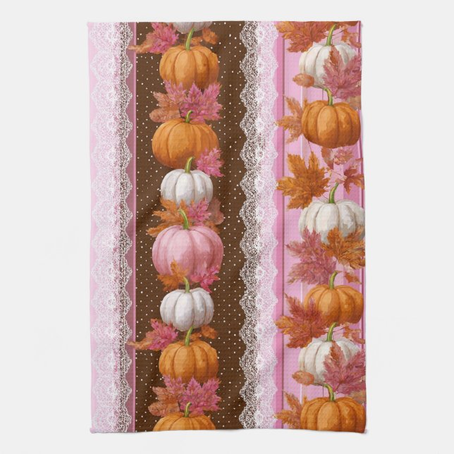 Autumn Pumpkins & Floral Lace Seamless Pattern (2) Kitchen Towel (Vertical)