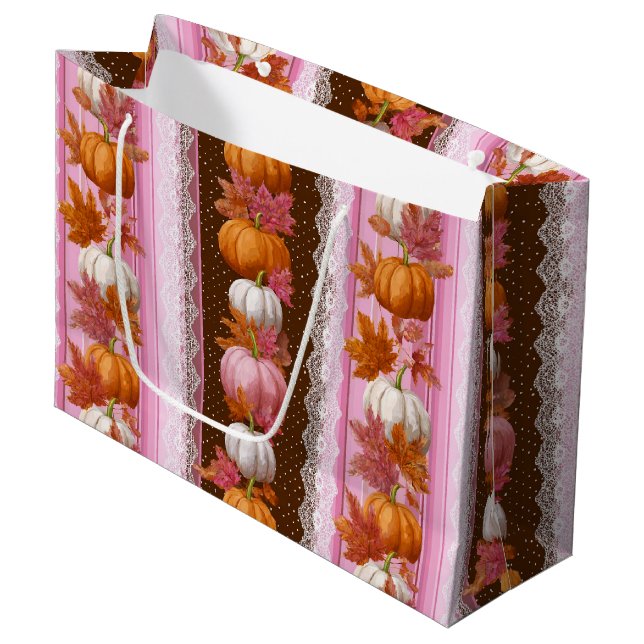 Autumn Pumpkins & Floral Lace Seamless Pattern (2) Large Gift Bag (Front Angled)