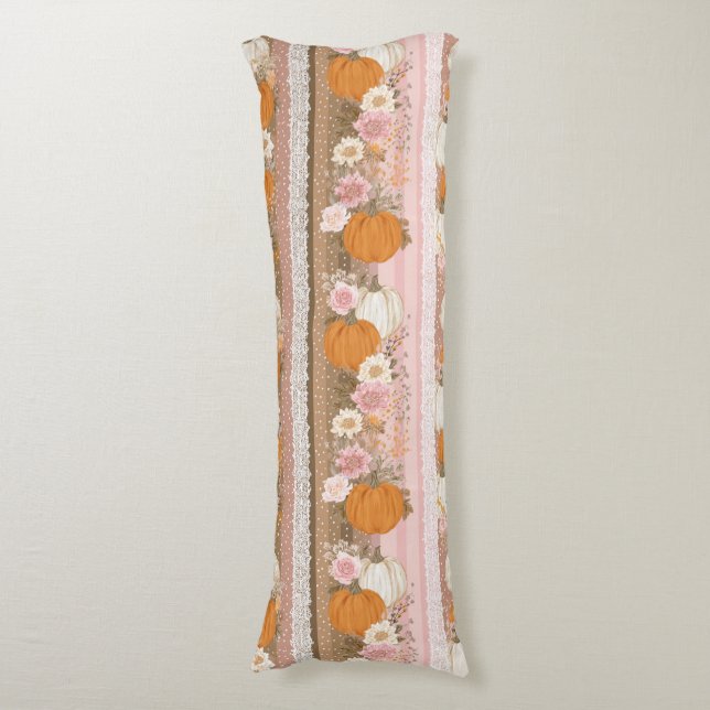 Autumn Pumpkins & Floral Lace Seamless Pattern Body Pillow (Front Vertical)