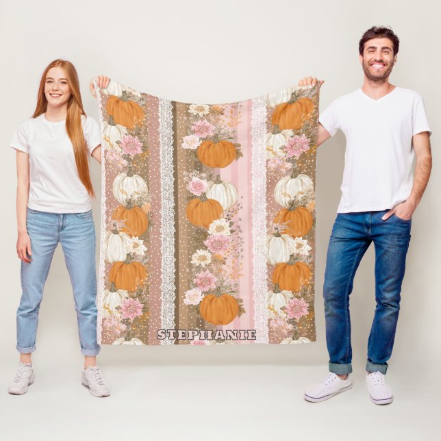 Autumn Pumpkins & Floral Lace Seamless Pattern Fleece Blanket (In Situ)