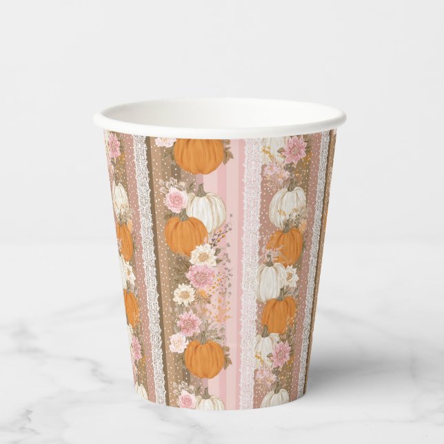 Autumn Pumpkins & Floral Lace Seamless Pattern Paper Cups (Front)