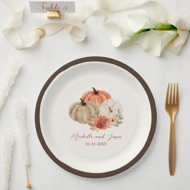 Autumn  Pumpkins Flowers Elegant Falling in love   Paper Plate (Wedding)