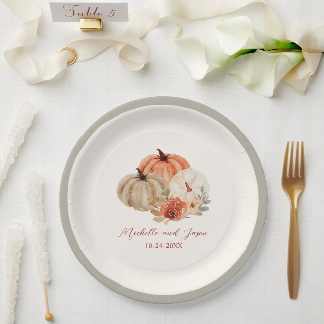Autumn  Pumpkins Flowers Elegant Falling in love  Paper Plate (Wedding)