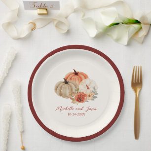 Autumn  Pumpkins Flowers Elegant Falling in love Paper Plate