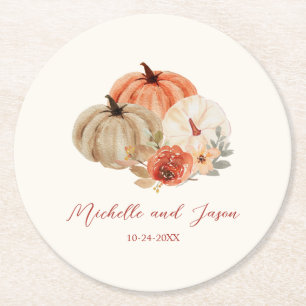 Autumn Pumpkins Flowers Elegant Falling in love  R Round Paper Coaster