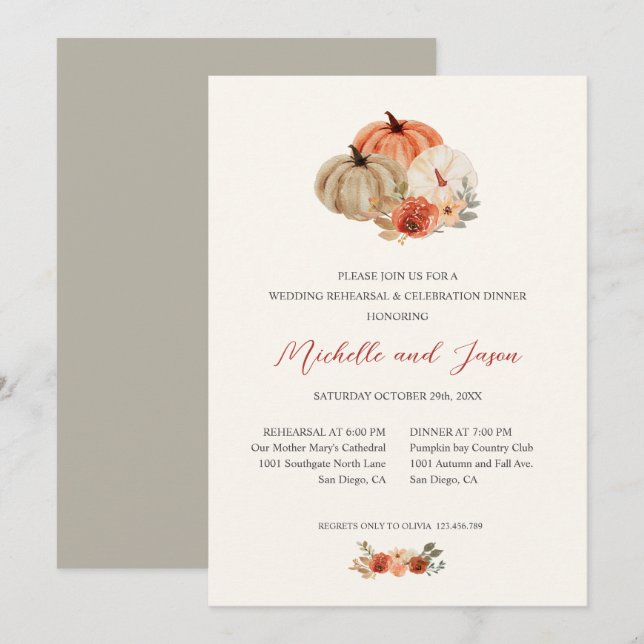 Autumn Pumpkins  Flowers Elegant REHEARSAL  Invitation (Front/Back)