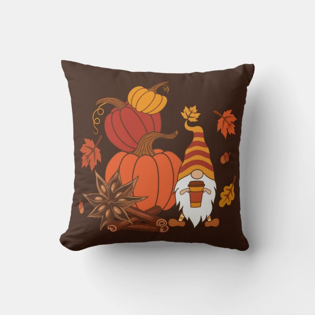Autumn Pumpkins Gnome Spice Card Throw Pillow (Front)