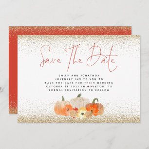 Autumn Pumpkins Gold Glitter QR Code Wedding Save The Date