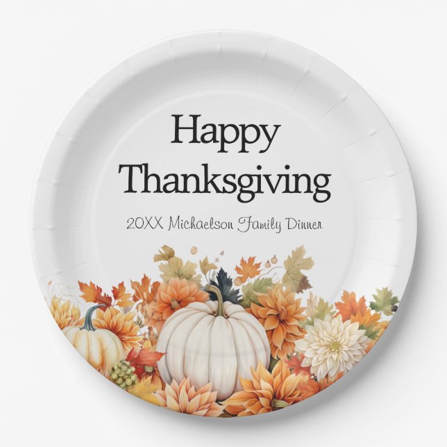 Autumn Pumpkins Happy Thanksgiving Your Name Paper Plate (Front)